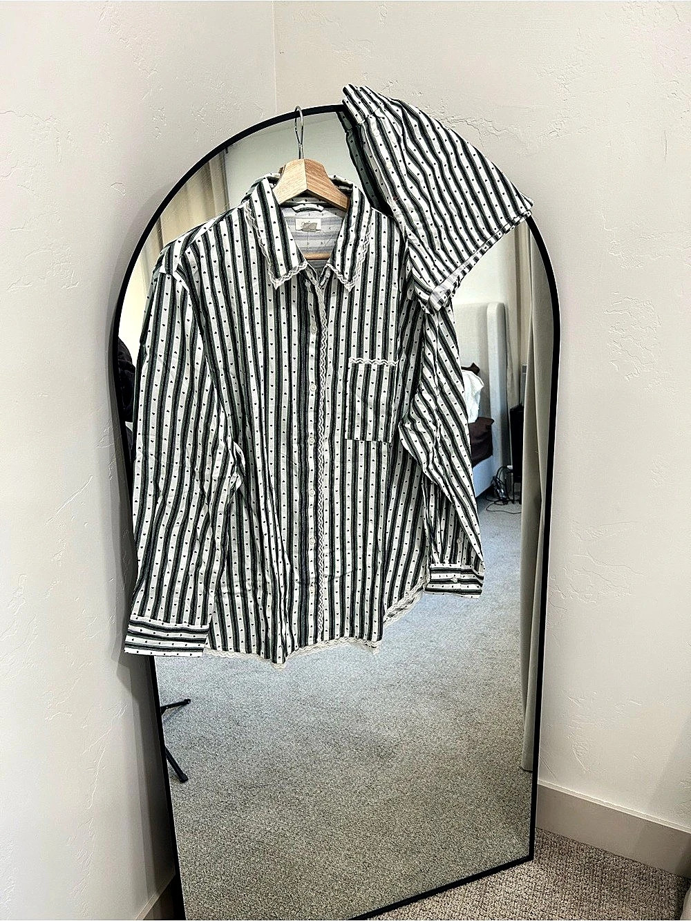 Aerie Flannel Pajama Set Striped with Hearts Green & White